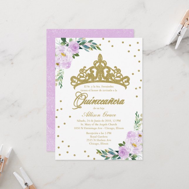 Quinceanera Invitation Espagnol Or Tiara Lilac (Devant/Arrière en situation)