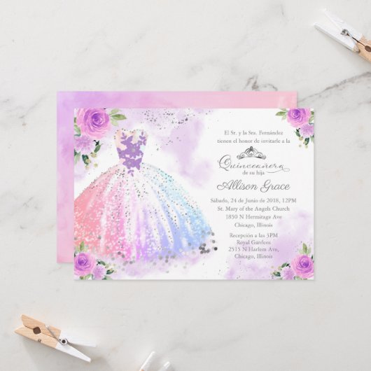 Quinceanera Invitation Espagnol Pastel Couleur Gow (Devant/Arrière en situation)