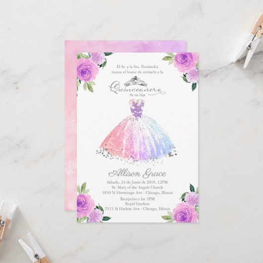 Quinceanera Invitation Espagnol Pastel Couleurs Go (Devant/Arrière en situation)