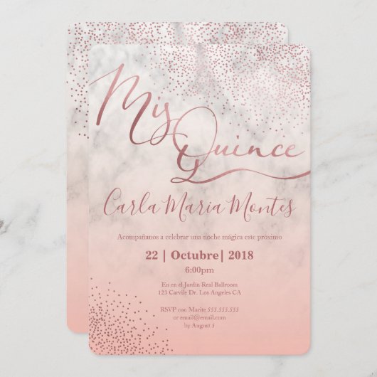 Quinceanera invitation Faux or rose, coing (Devant / Derrière)