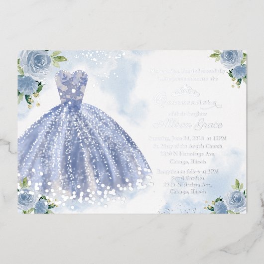 Quinceanera Invitation Floral Blue Gown Argent (Recto)