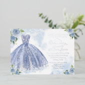 Quinceanera Invitation Floral Blue Gown Argent (Debout devant)