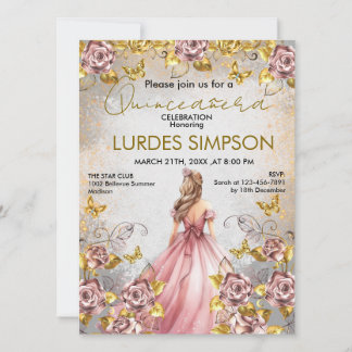 Quinceañera invitation Floral Gold