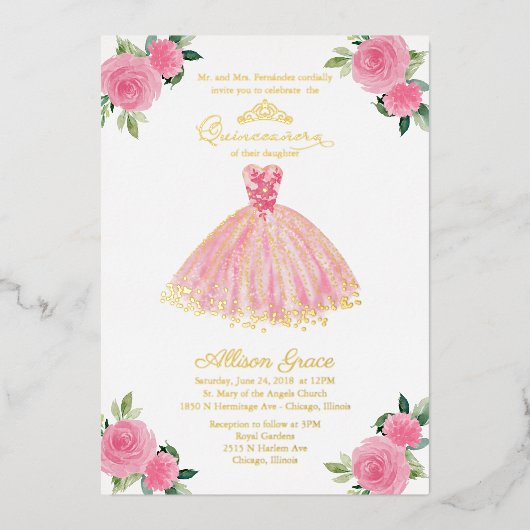 Quinceanera Invitation Floral Hot rose Gown (Recto)