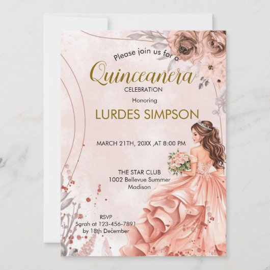  Quinceañera invitation Floral Rose (Devant)