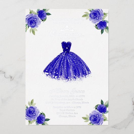 Quinceanera Invitation Floral Royal Blue Gown (Recto)