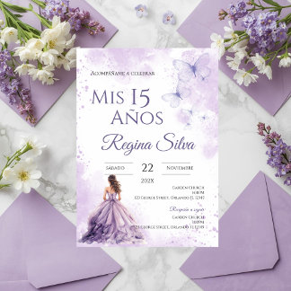 Quinceañera Invitation for Purple Flowers Kaart
