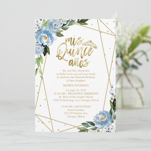 Quinceanera Invitation Gold Foil Dusty Blue Floral (Debout devant)