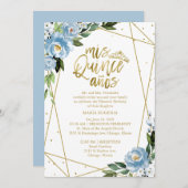 Quinceanera Invitation Gold Foil Dusty Blue Floral (Devant / Derrière)