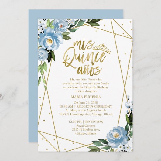 Quinceanera Invitation Gold Foil Dusty Blue Floral (Devant / Derrière)