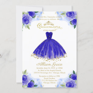 Quinceanera Invitation Gold Foil Robe Bleue Royale