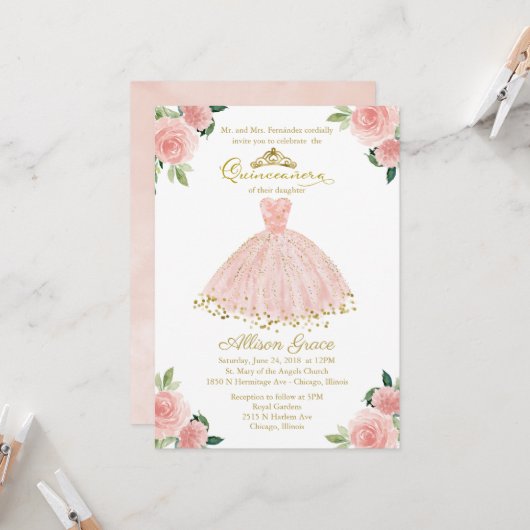 Quinceanera Invitation Gold Foil Rose Blush Gown (Devant/Arrière en situation)