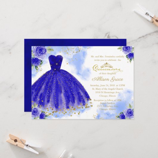 Quinceanera Invitation Gold Foil Royal Blue Gown (Devant/Arrière en situation)