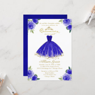 Quinceanera Invitation Gold Foil Royal Blue Gown Kaart