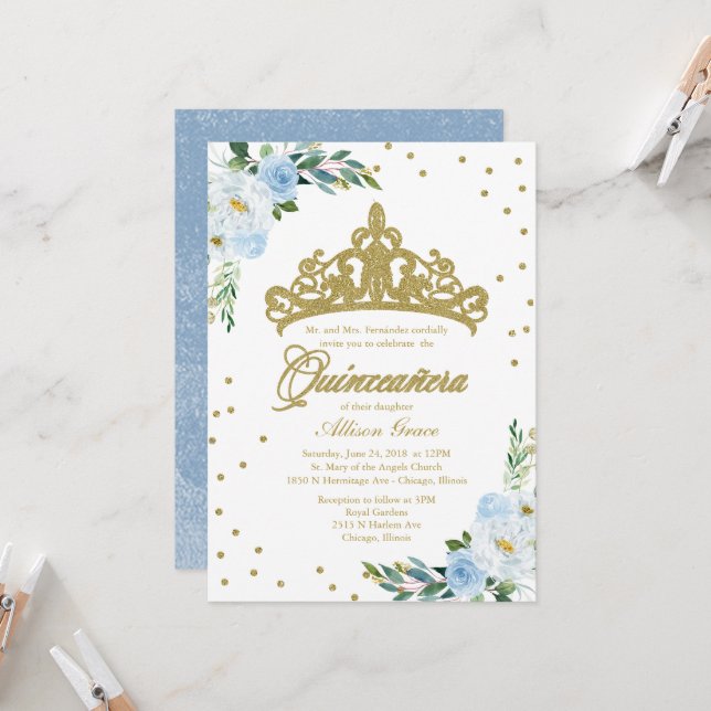 Quinceanera Invitation Gold Tiara Baby Blue Floral (Devant/Arrière en situation)