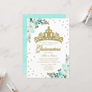 Quinceanera Invitation Gold Tiara Et Fleurs Turquo
