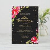 Quinceanera Invitation Hot Rose Floral Sur Noir (Debout devant)