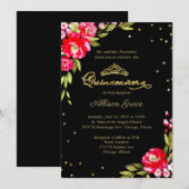 Quinceanera Invitation Hot Rose Floral Sur Noir (Devant / Derrière)