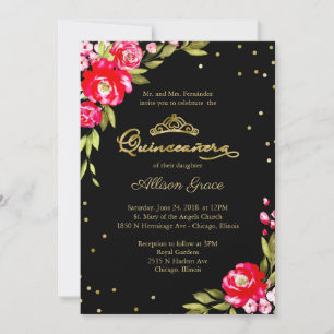 Quinceanera Invitation Hot Rose Floral Sur Noir