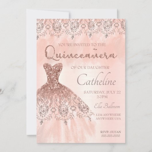 Quinceanera Invitation or rose, 15e anniversaire (Devant)