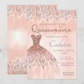 Quinceanera Invitation or rose, 15e anniversaire (Devant / Derrière)