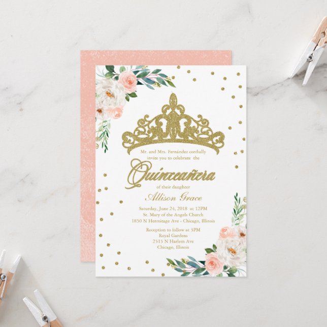 Quinceanera Invitation Or Tiara Et Fleurs Roses (Devant/Arrière en situation)
