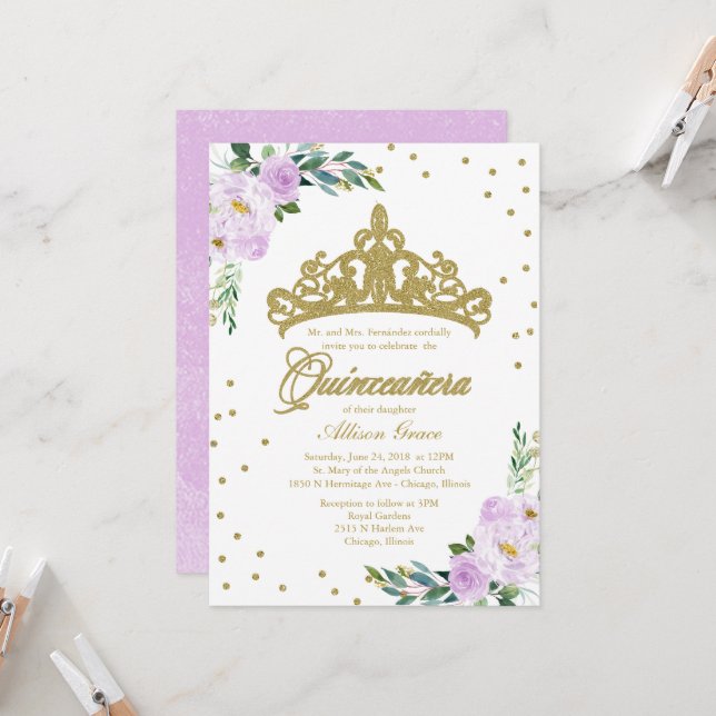 Quinceanera Invitation Or Tiara Lilac Fleurs (Devant/Arrière en situation)