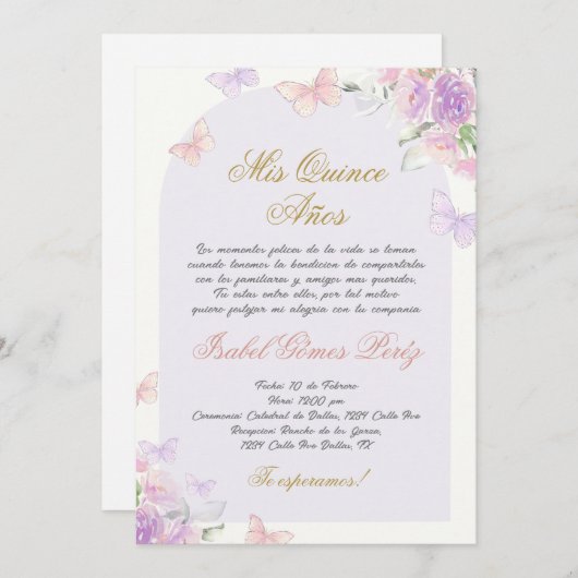 Quinceanera invitation papillon en espagnol (Devant / Derrière)