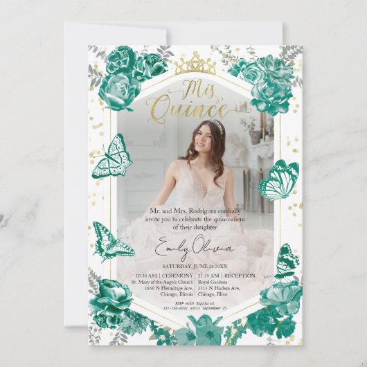 Quinceanera Invitation photo Emerald Green Floral (Devant)