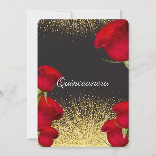 Quinceanera Invitation, Red Roses, Gold Glitter Kaart (Voorkant)