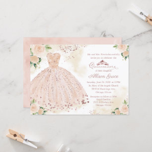 Quinceanera Invitation Roos Gold Pink Blush Gown Kaart