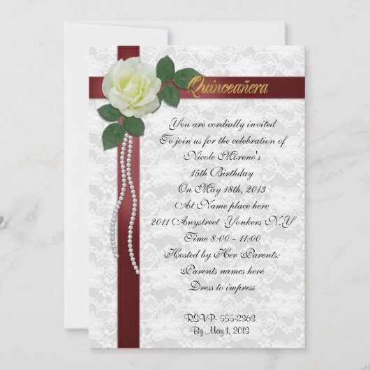Quinceanera Invitation Rose blanche et ruban rouge (Devant)
