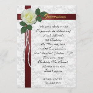 Quinceanera Invitation Rose blanche et ruban rouge