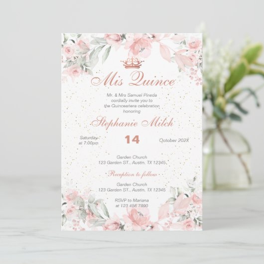 Quinceanera Invitation rose floral (Debout devant)