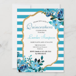 Quinceañera invitation Stripe Floral Blue Kaart