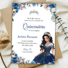 Quinceañera invitation with blue floral accents kaart