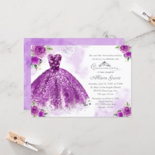 Quinceanera Invitation Zilveren Paarse Bloemen Gow Kaart