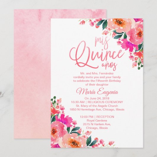 Quinceanera Invitations Hot rose Floral (Devant / Derrière)
