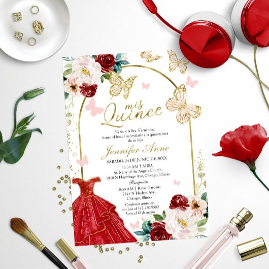 Quinceanera Invitations Papillon Rouge Espagnol