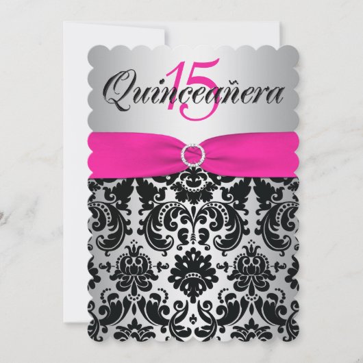 Quinceanera Invite | GEDRUKT RIBBON Pink, zwart Kaart (Voorkant)