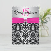 Quinceanera Invite | GEDRUKT RIBBON Pink, zwart Kaart (Staand voorkant)