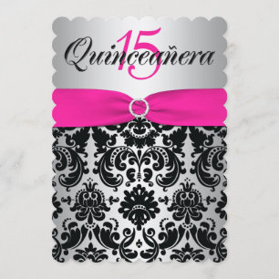 Quinceanera Invite   GEDRUKT RIBBON Pink, zwart Kaart