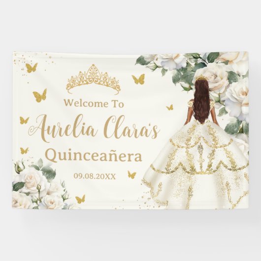 Quinceañera Ivoor Wit Bloemen Jurk Prinses Goud Spandoek (Horizontaal)