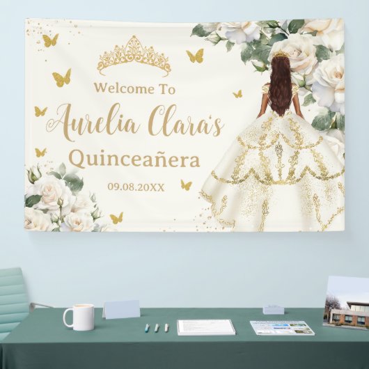 Quinceañera Ivoor Wit Bloemen Jurk Prinses Goud Spandoek (Beurs)