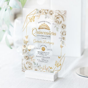 Quinceanera Ivoorkleurig Goud Crème Bloemen Acryl Uitnodigingen