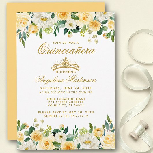 Quinceanera Jaune Or Blanc Floral Invitation