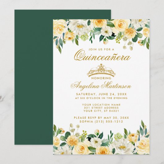 Quinceanera Jaune Or Vert Floral Invitation (Devant / Derrière)
