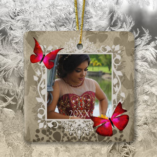 Quinceanera Keepomwille Gift, Red Butterflies Foto Keramisch Ornament