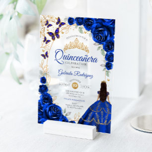 Quinceanera Koningsblauw Gouden Bloem Acryl Uitnodigingen