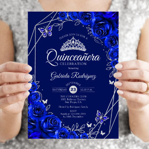 Quinceanera Koningsblauw Zilver Bloem Kaart